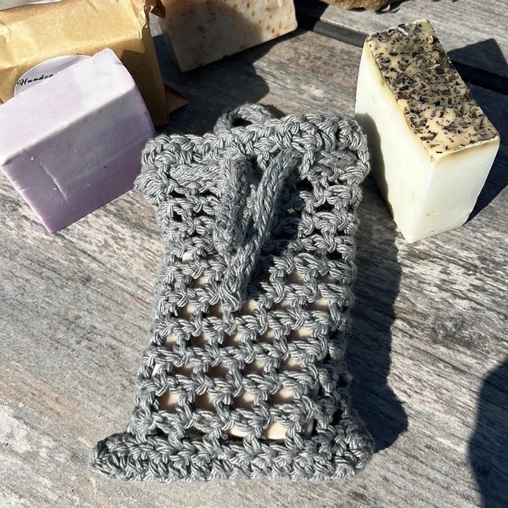 Handmade Crochet Soap Bag Cotton Heather Gray Cinch